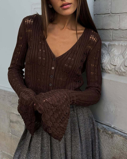 Women's Crochet Crop Cardigan V-Neck Bell Sleeve Top