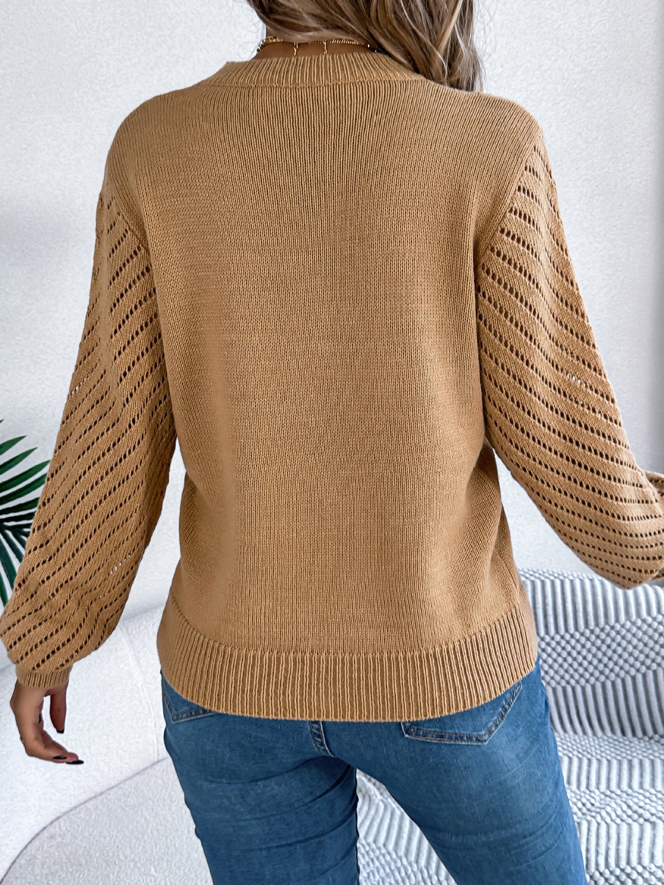 Hollow Knit Sweater Women | Round Neck Lantern Sleeve