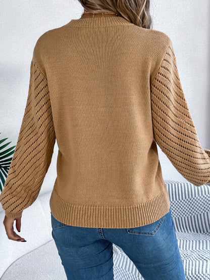 Hollow Knit Sweater Women | Round Neck Lantern Sleeve