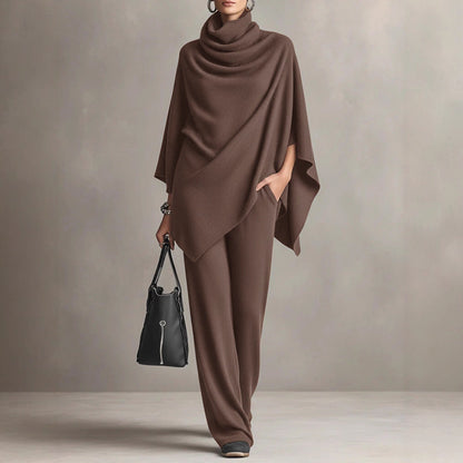 Women's Cowl Neck Poncho Wide Leg Pants Two Piece Set