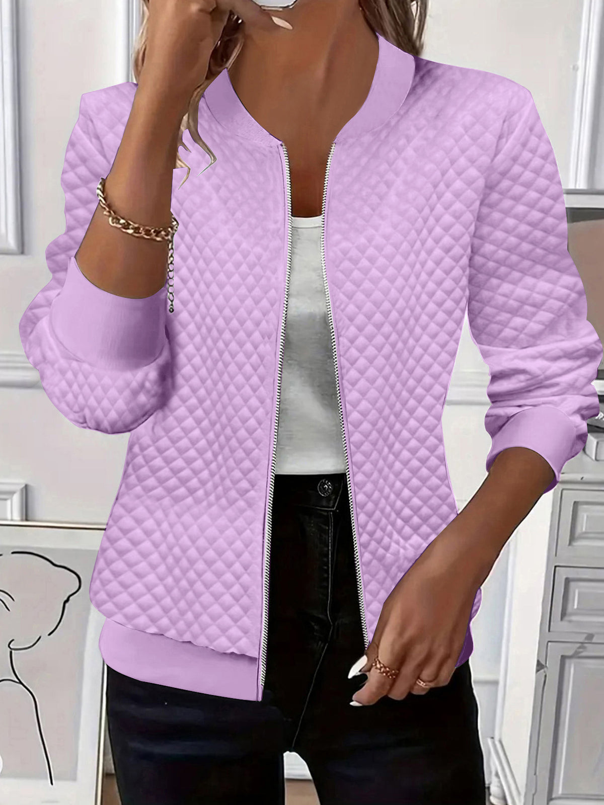 Women Quilted Zip Up Jacket Casual Lightweight Long Sleeve