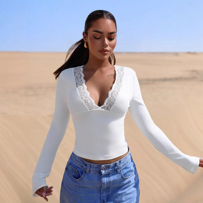 V-Neck Lace Trim Long Sleeve Sexy Slim Top for Women