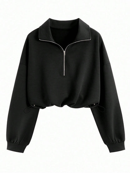 Women's Cropped Quarter Zip Drawstring Waist Sweatshirt