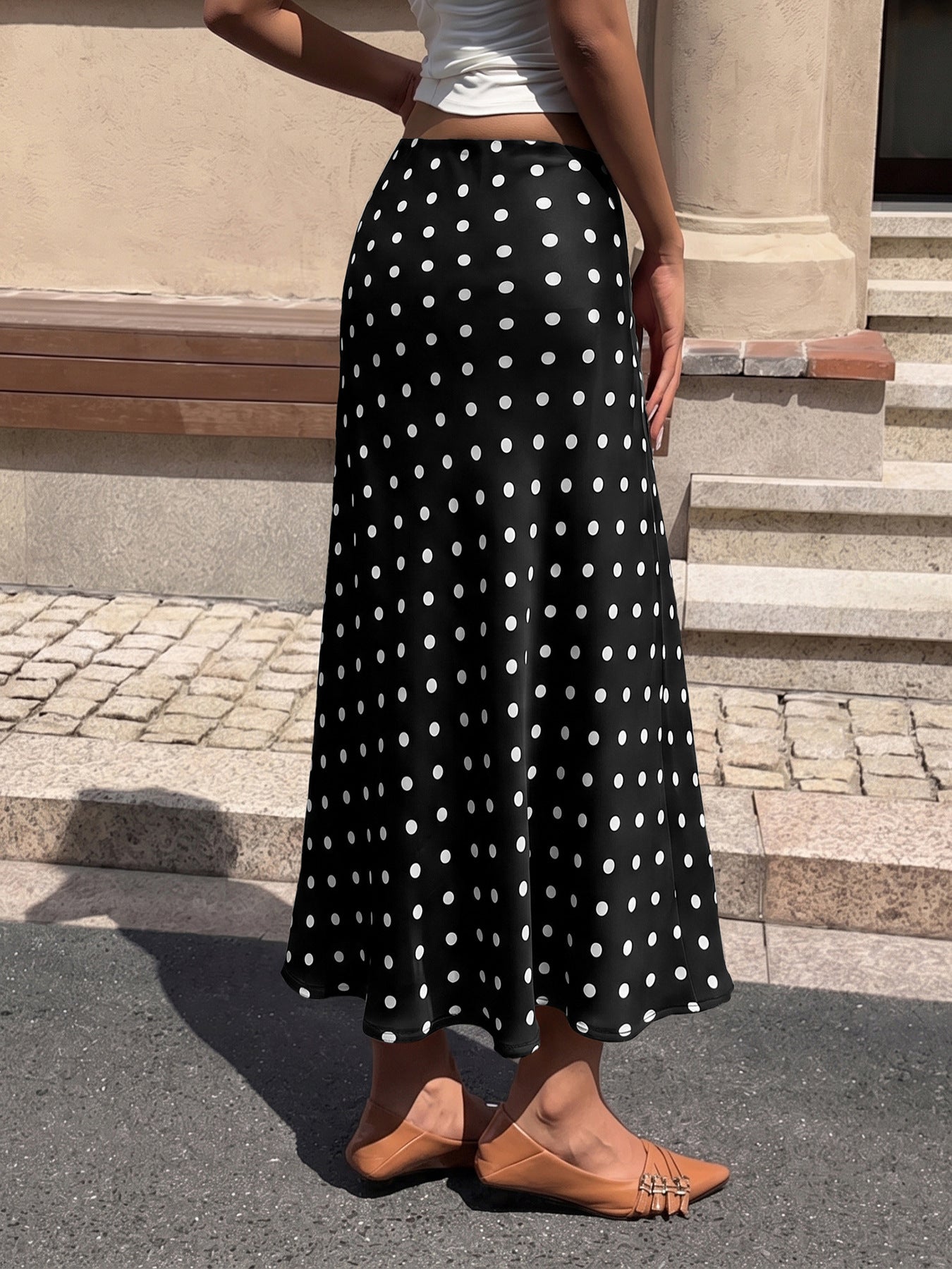 Polka Dot Satin Midi Skirt Mermaid Hem A Line