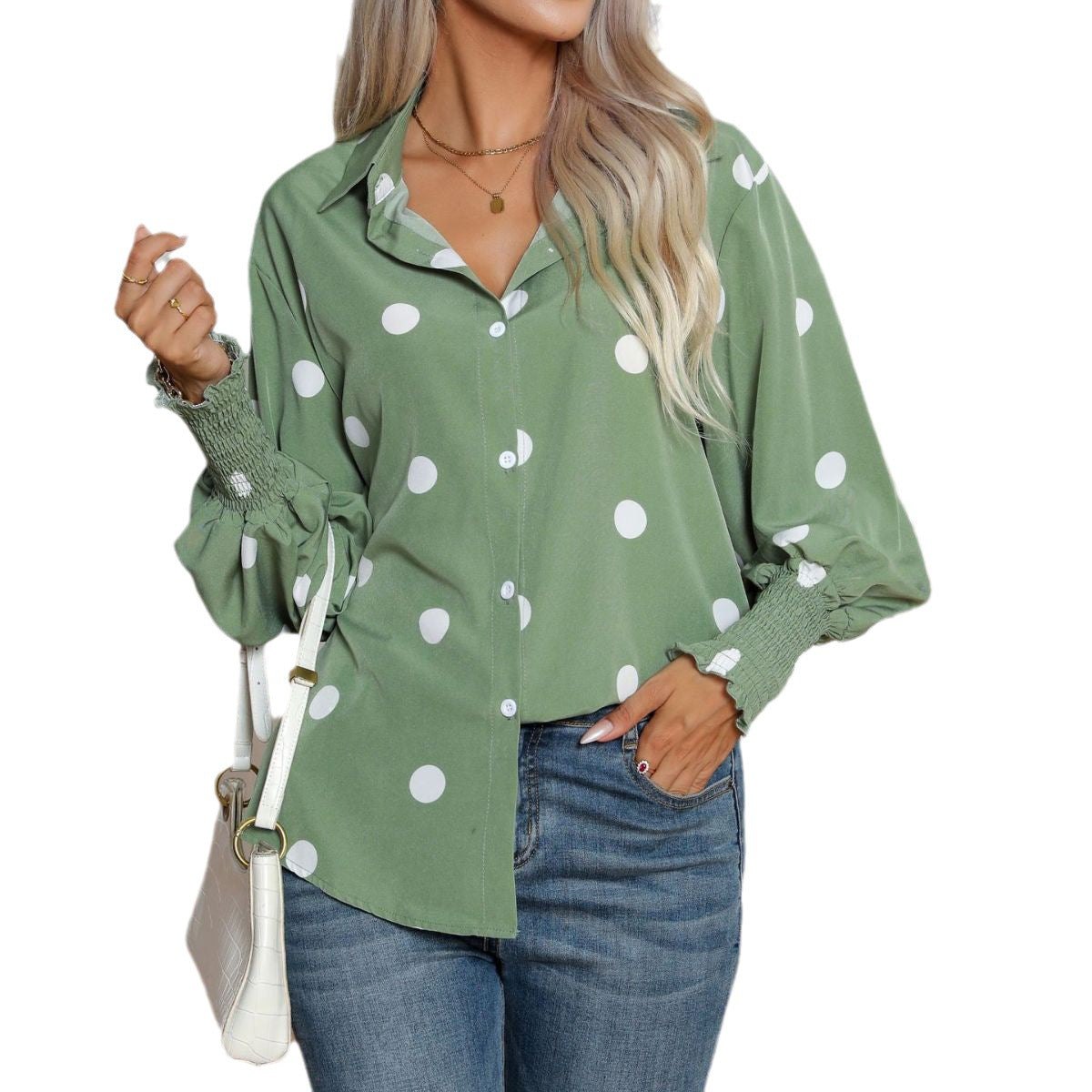 Sage Green Polka Dot Balloon Sleeve Button Down Blouse