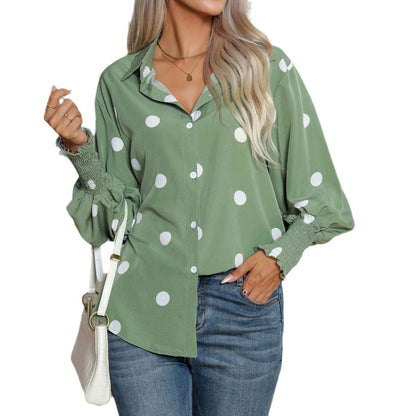 Sage Green Polka Dot Balloon Sleeve Button Down Blouse