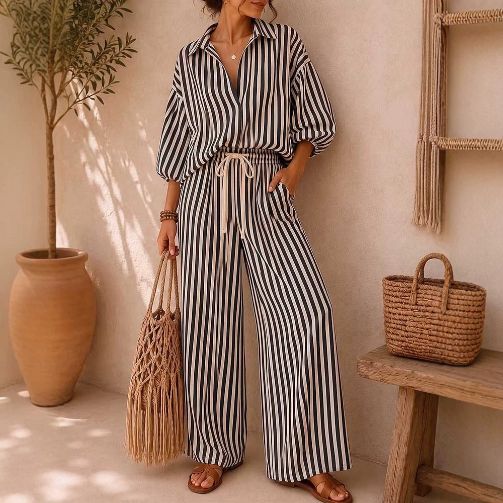 Striped Oversized Shirt Wide Leg Pants Set