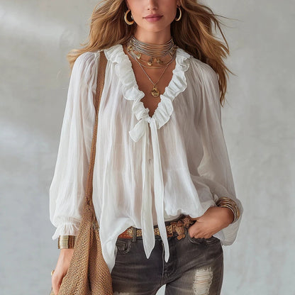 Women's Ruffle V Neck Tie Front Long Sleeve Blouse