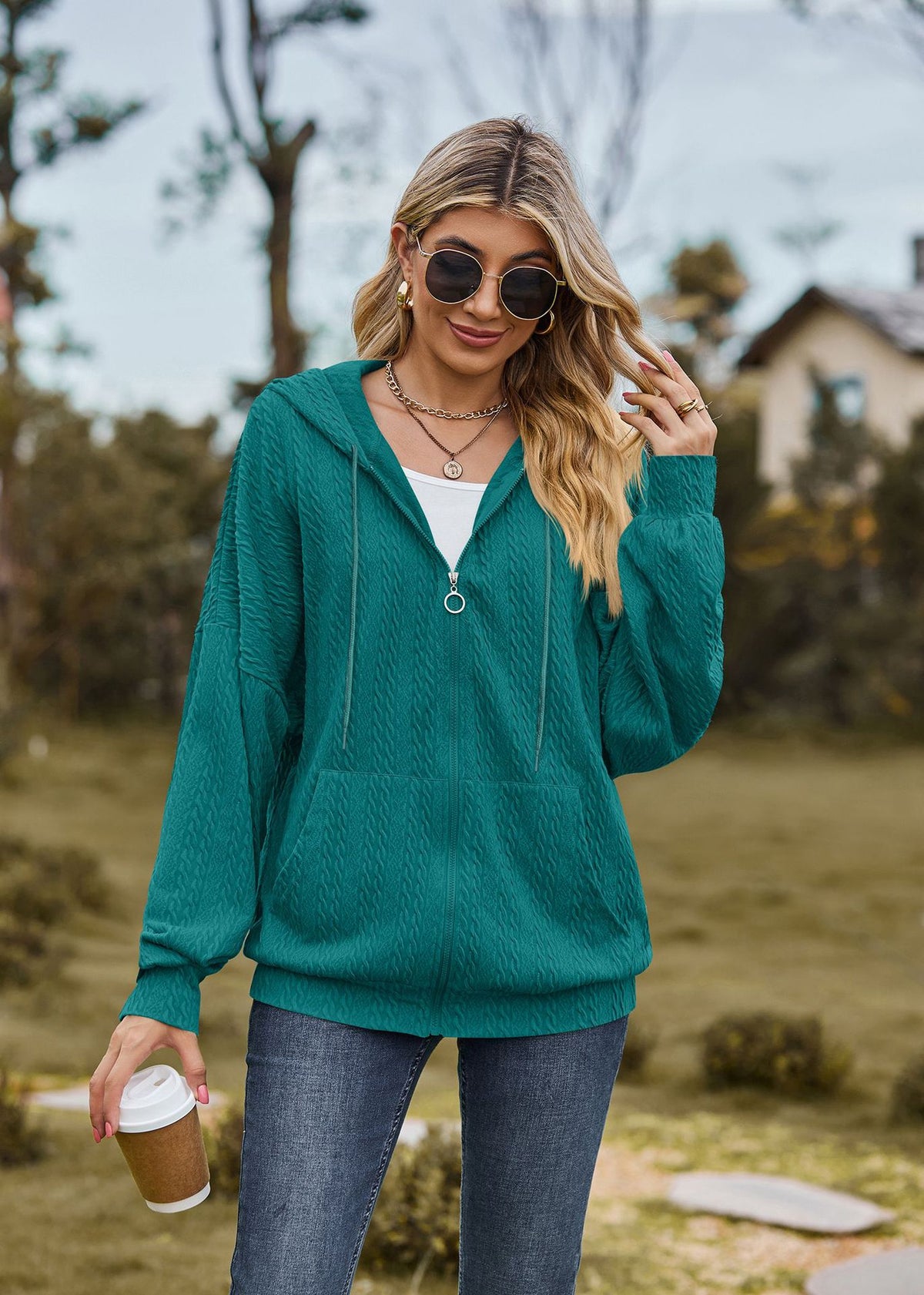 Oversized Textured Zip-Up Hoodie Jacket Pockets