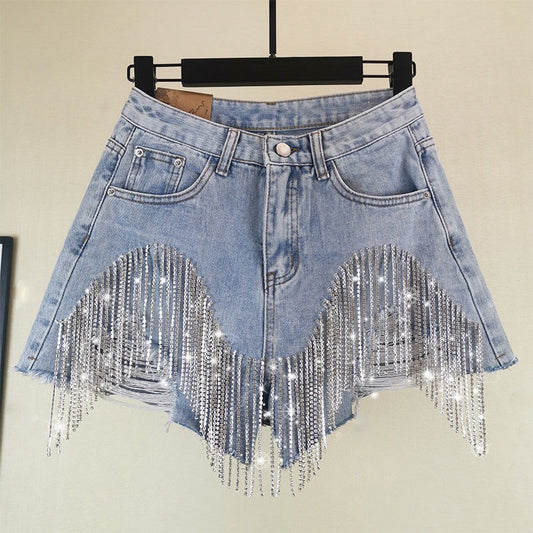 Fringe Rhinestone Distressed Denim Shorts Western Style