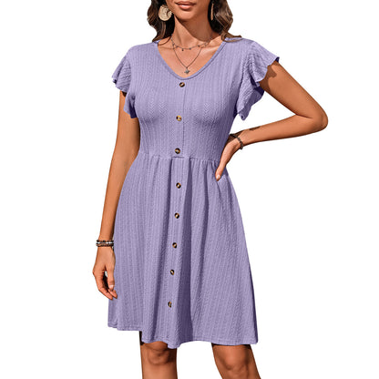 V-Neck Button Elastic Waist Short-Sleeve Dress