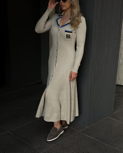 Long Sleeve Polo Collar Knit Bodycon Maxi Dress