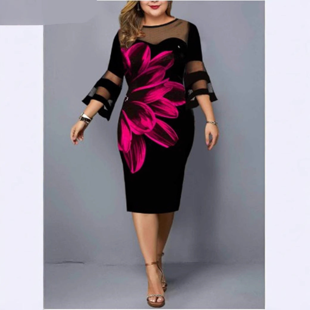 Plus Size Floral Mesh Bell Sleeve Bodycon Midi Dress