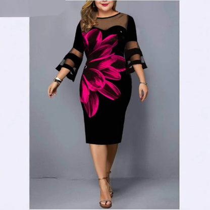 Plus Size Floral Mesh Bell Sleeve Bodycon Midi Dress