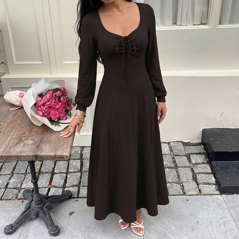 Women Square Neck Tie Front Long Sleeve Maxi Dress A-Line