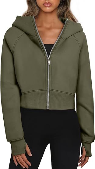 Women's Cropped Zip Up Hoodie Fleece Long Sleeve Jacket