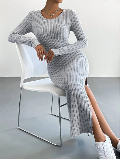 Ribbed Long Sleeve Side Slit Bodycon Maxi Dress