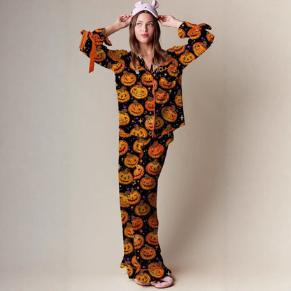 Women's Halloween Pumpkin Pajama Set Long Sleeve Pants