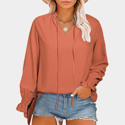 Spring and Summer New V-neck Lantern Sleeve Simple Loose Cover Tummy Blouse