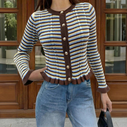 Women's Striped Cardigan Button Front Ruffle Hem Sweater