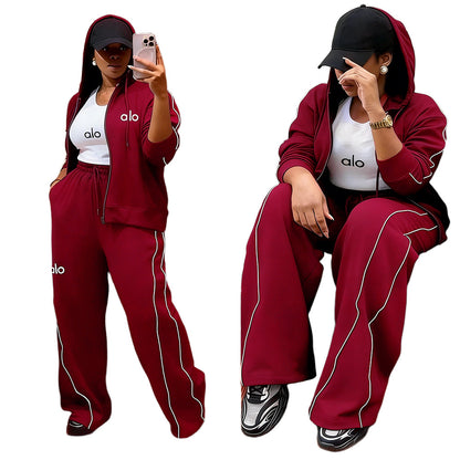Women's Embroidered Hoodie Wide Leg 2 Piece Set