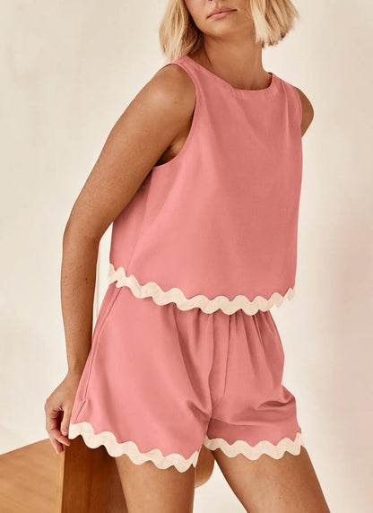 Linen Lace Two-Piece Set - Summer Crew Neck Vest & Shorts
