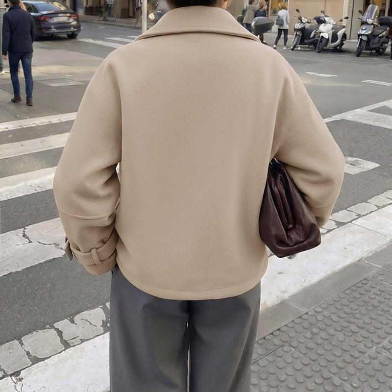 Textured Cropped Coat Lapel Button Front Jacket
