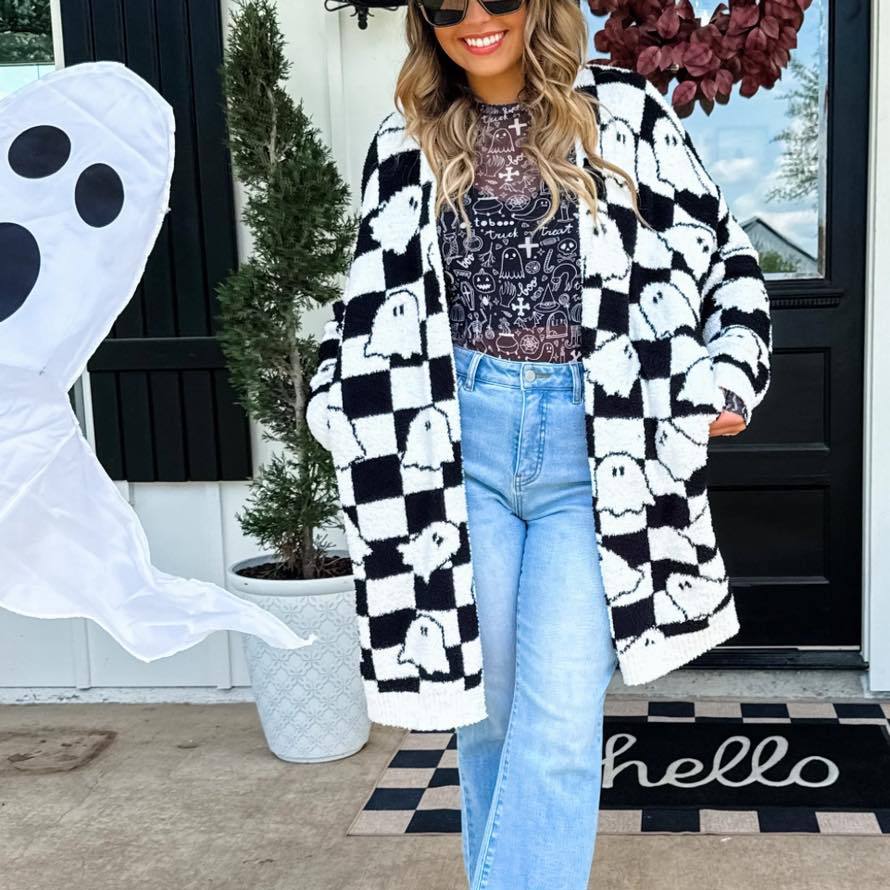 Halloween Ghost Fuzzy Oversized Open Front Cardigan