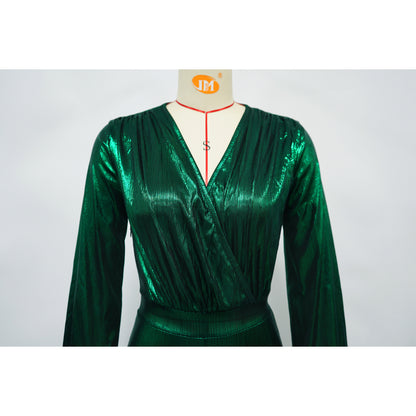 Sexy Metallic V-Neck Long Sleeve Flare Jumpsuit