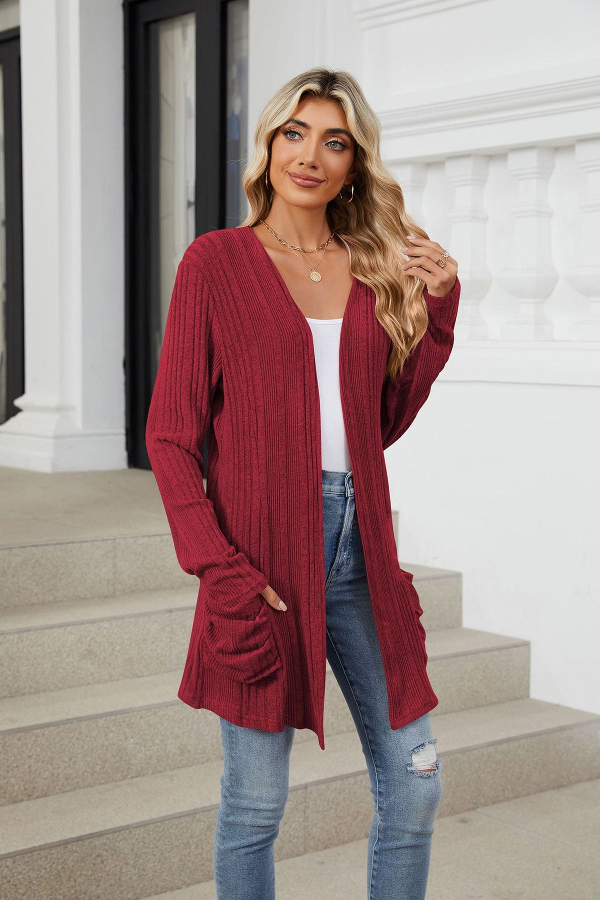 Women's Long Sleeve Ribbed Open Front Cardigan Pockets
