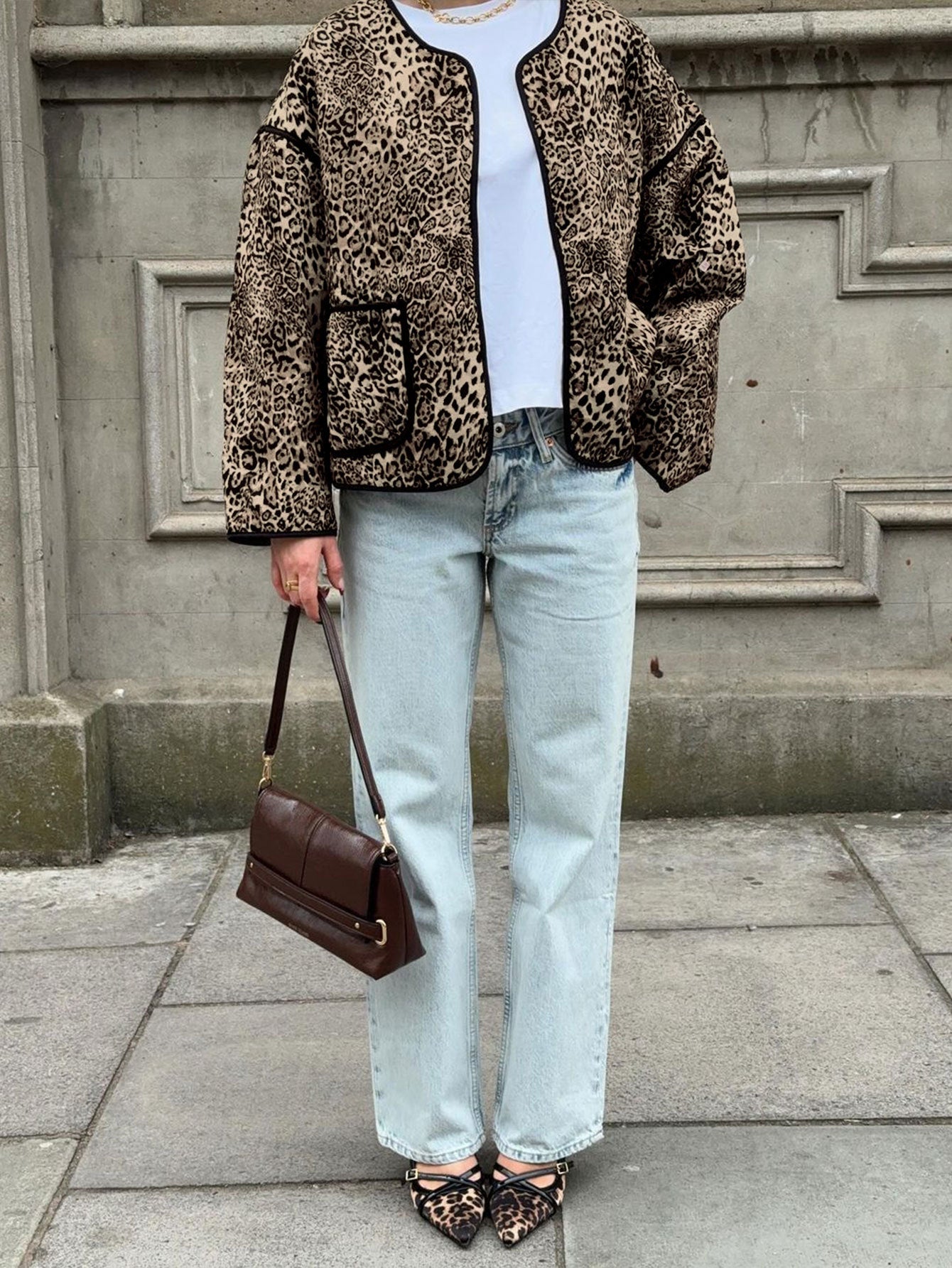 Vintage Leopard Print Autumn Spice Girl Crew Neck Short Jacket