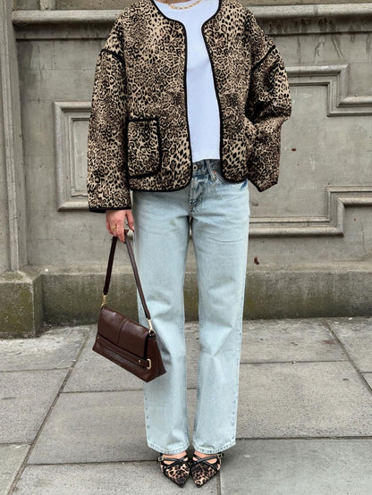 Vintage Leopard Print Autumn Spice Girl Crew Neck Short Jacket