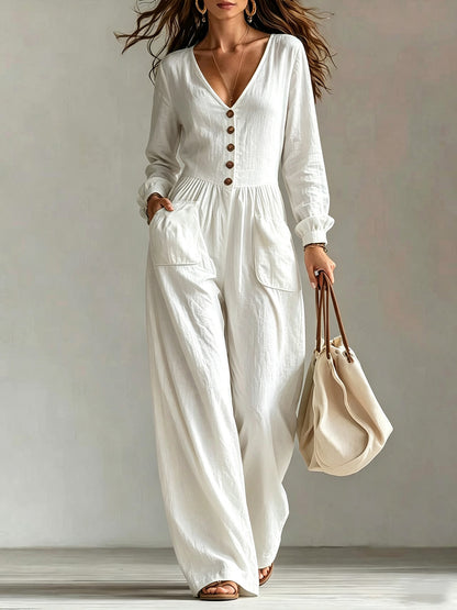 Women's V-Neck Wide Leg Jumpsuit Long Sleeve Pockets