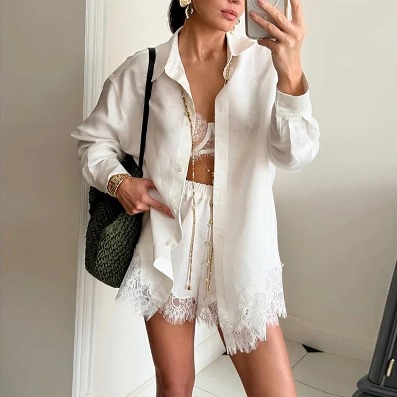 Women's Lace Trim Shirt and Shorts Matching Set