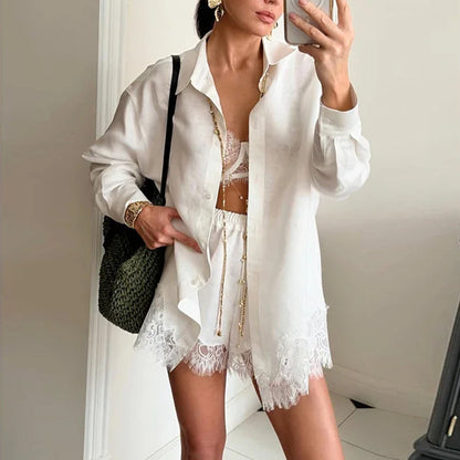 Women's Lace Trim Shirt and Shorts Matching Set
