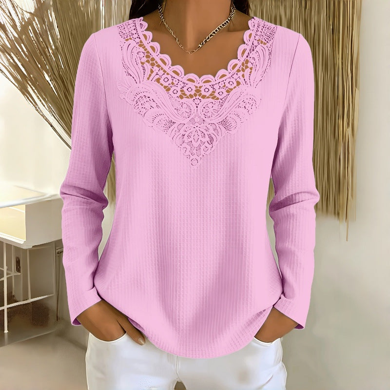 Women's Lace V Neck Long Sleeve Casual Blouse Top