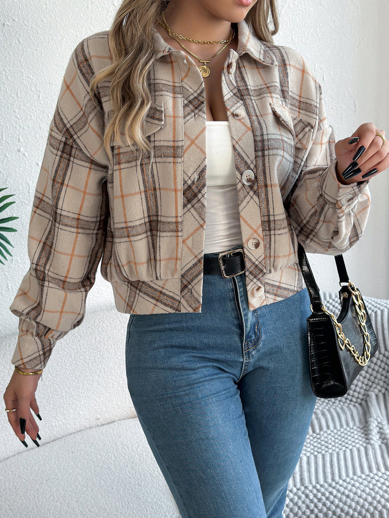 Plaid Button Front Long Sleeve Casual Jacket Coat