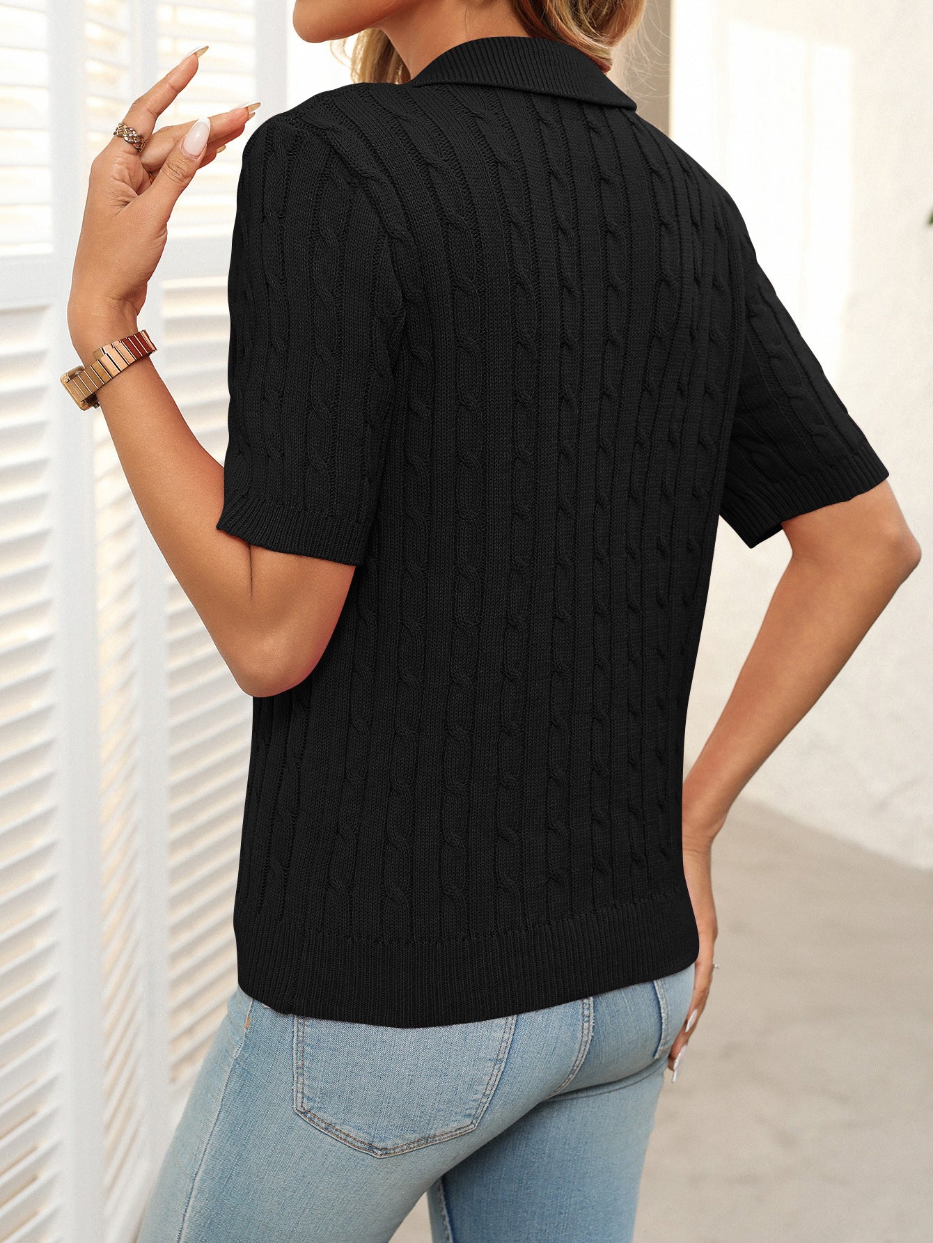 V-neck Twisted Knit Jumper, Short-Sleeve Lapel Sweater