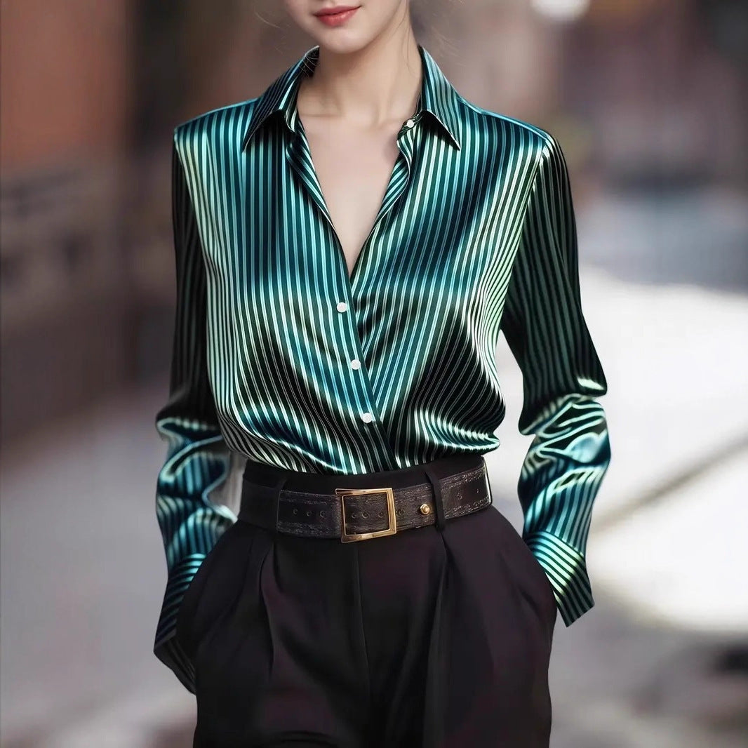 Women's Striped Satin Button Down Blouse Long Sleeve