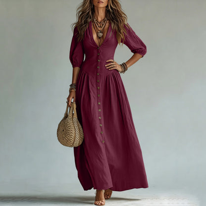 Cotton Button Down Maxi Dress Puff Sleeve V Neck Summer