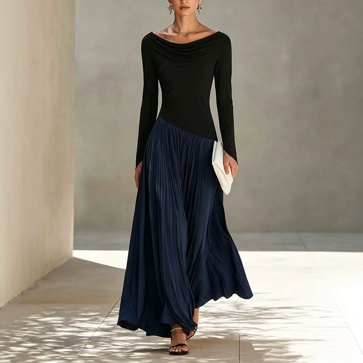 Cowl Neck Colorblock Long Sleeve Pleated Maxi Dress