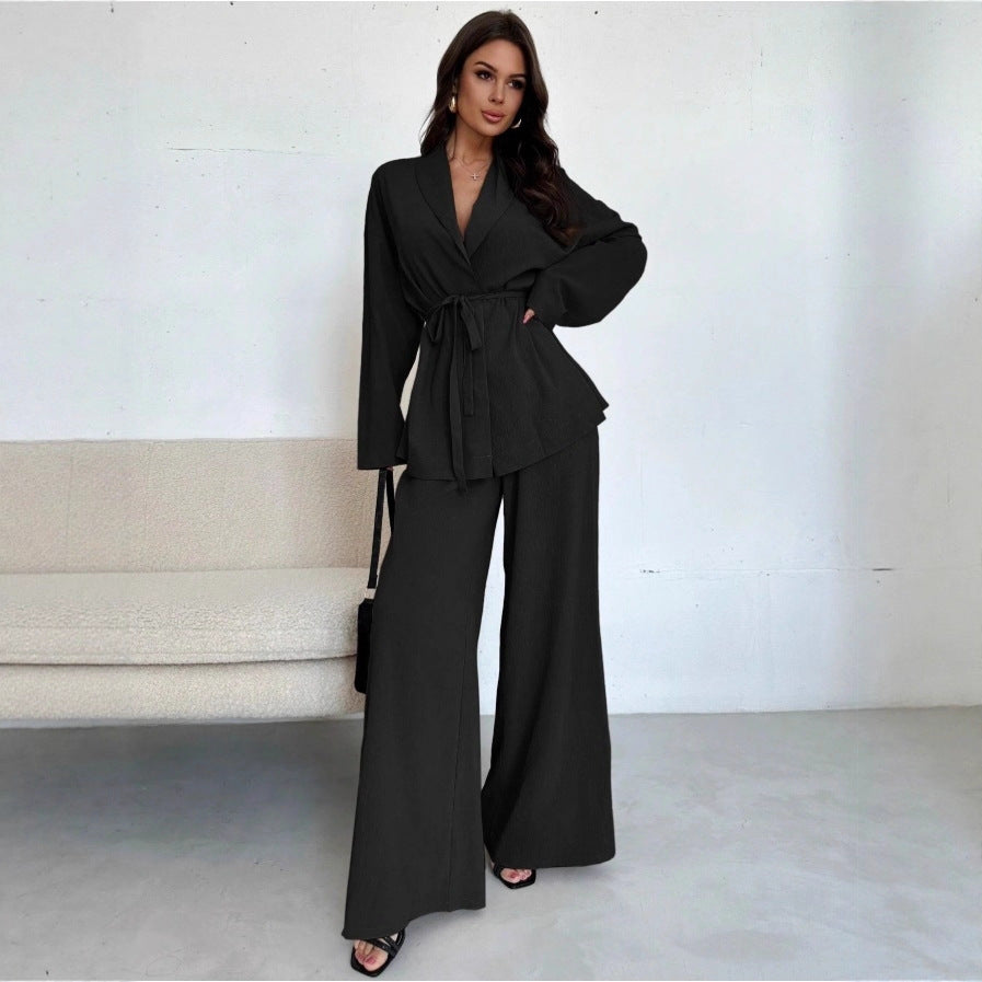 Lapel Belted Top Wide Leg Pants Two Piece Set