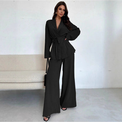 Lapel Belted Top Wide Leg Pants Two Piece Set