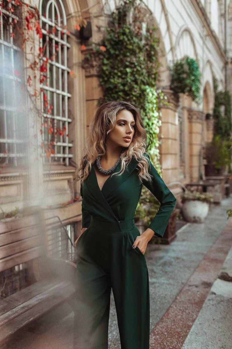 Women's Long Sleeve Blazer Jumpsuit Wide Leg Workwear