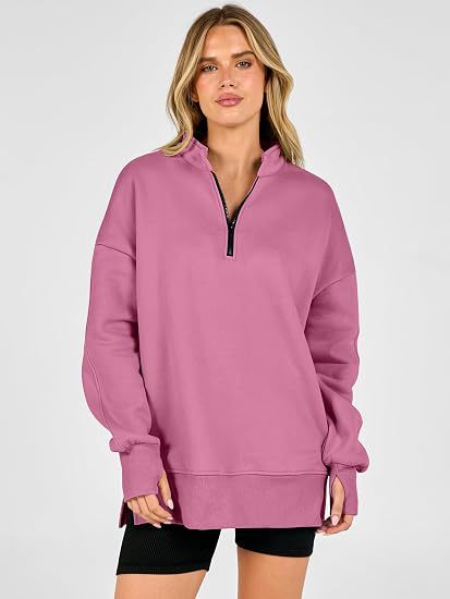 Oversized Half Zip Sweatshirt Side Slit Pullover Tunic