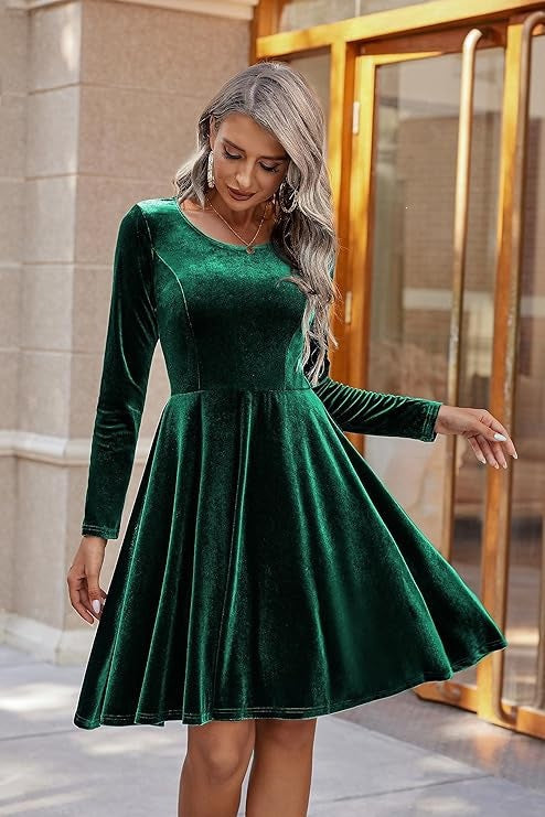 Women's Velvet Fit and Flare Long Sleeve Mini Dress