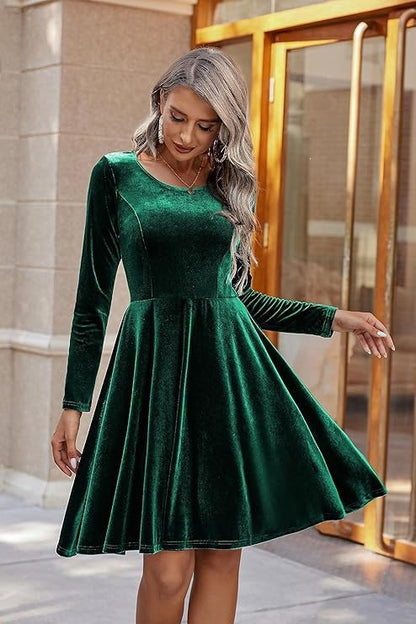 Women's Velvet Fit and Flare Long Sleeve Mini Dress