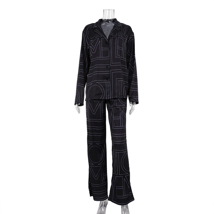 Women Satin Letter Print Lounge Set Button Shirt & Pants