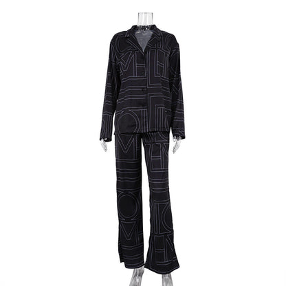 Women Satin Letter Print Lounge Set Button Shirt & Pants