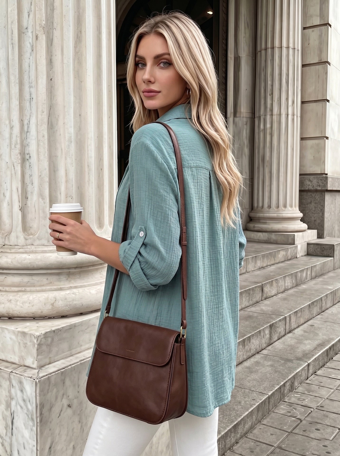 Textured Gauze Button Shirt Roll Tab Sleeve Top